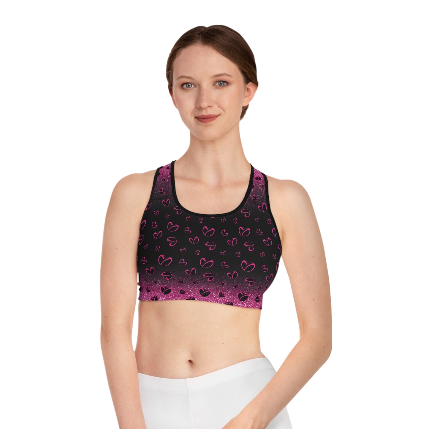 Pink Stardust & <3's Moisture Wicking Sports Bra (Back Logo)