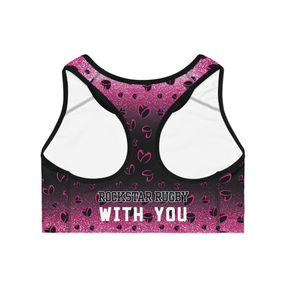 Pink Stardust & <3's Moisture Wicking Sports Bra (Back Logo)