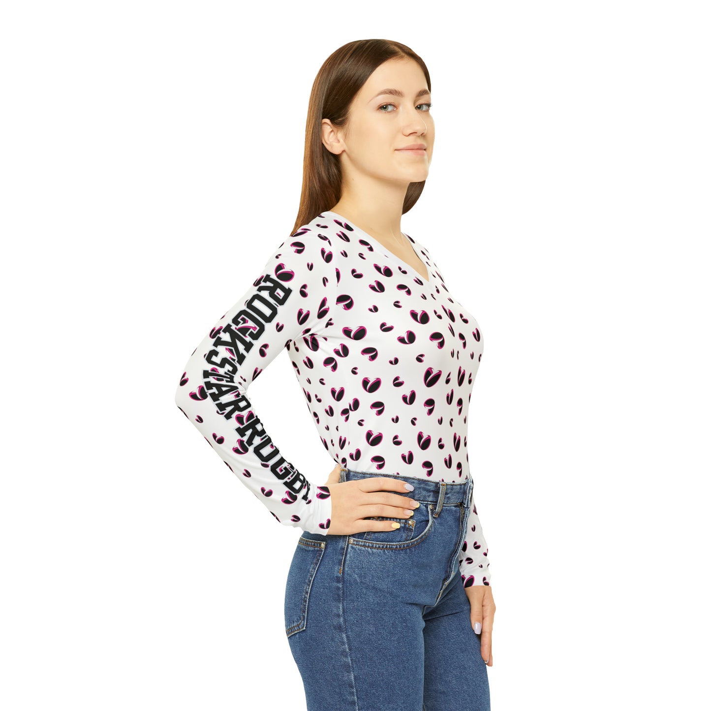 Rugby <3's  Long Sleeve V-neck Shirt (White)